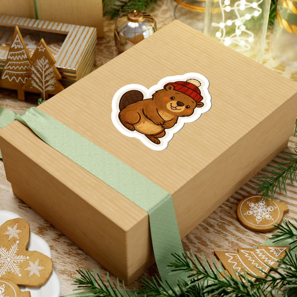 Canadian Beaver Sticker — Winter Beanie Kiss-Cut Sticker for Laptops, Water Bottles & Journals